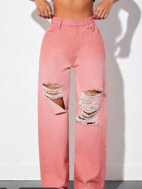 Shein,Size4,High-Rise Pink Distressed Wide-Leg Jeans